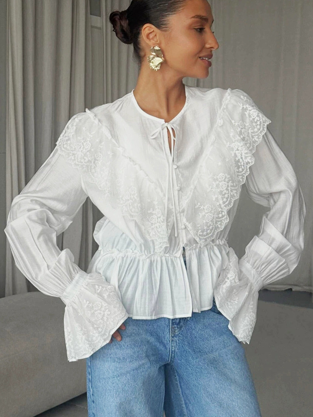 ZARA French Lace Ruffle Tie Waist Vintage Round Neck Flared Sleeve Cardigan
